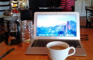 Working from a coffee shop.